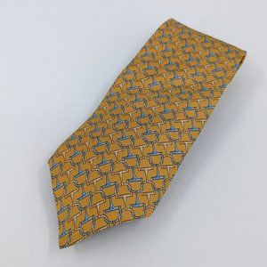 Brooks Brothers Makers Tie Mustard Gold Blue Pure Silk USA Made Chain Bit Print